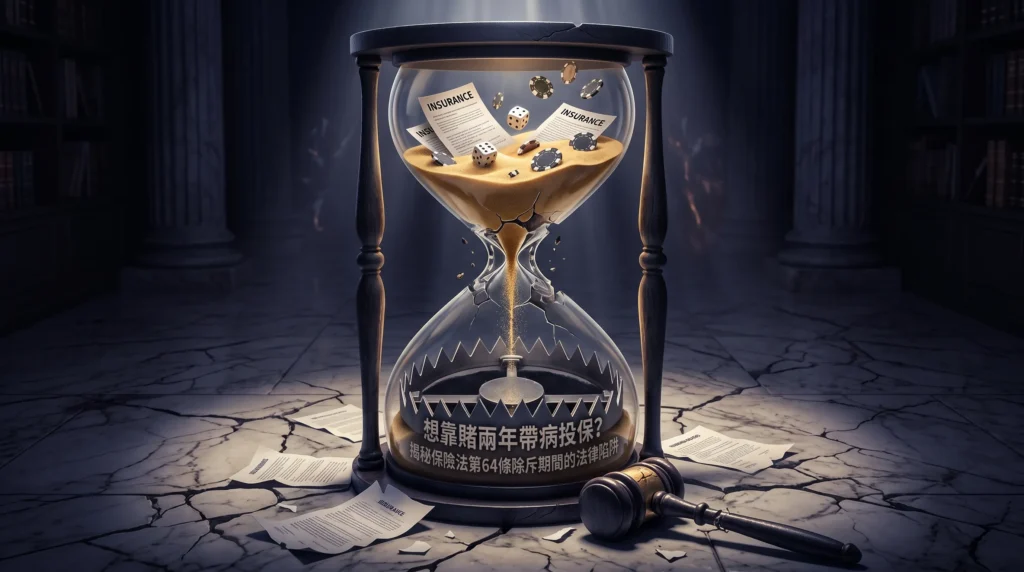 3D conceptual illustration of a crystal hourglass and a hidden bear trap, symbolizing the legal risks and violation of the principle of utmost good faith in life insurance contracts.